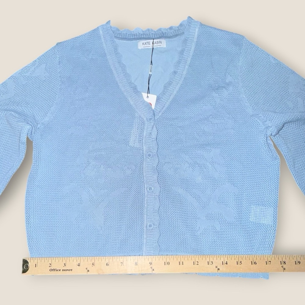 Kate Kasin Blue Knit Cardigan Sweater Womens L Button Front Cropped NWT - Picture 3 of 7